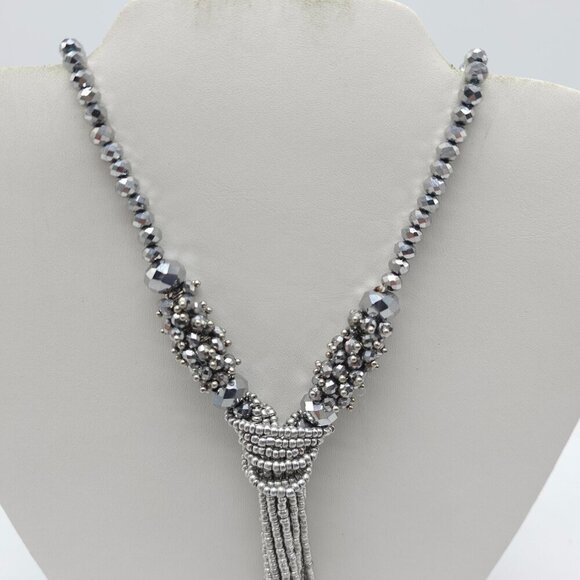 Sparkling Silver Beaded Tassel Necklace Faceted Beads Intricate Knot Design - Picture 2 of 7